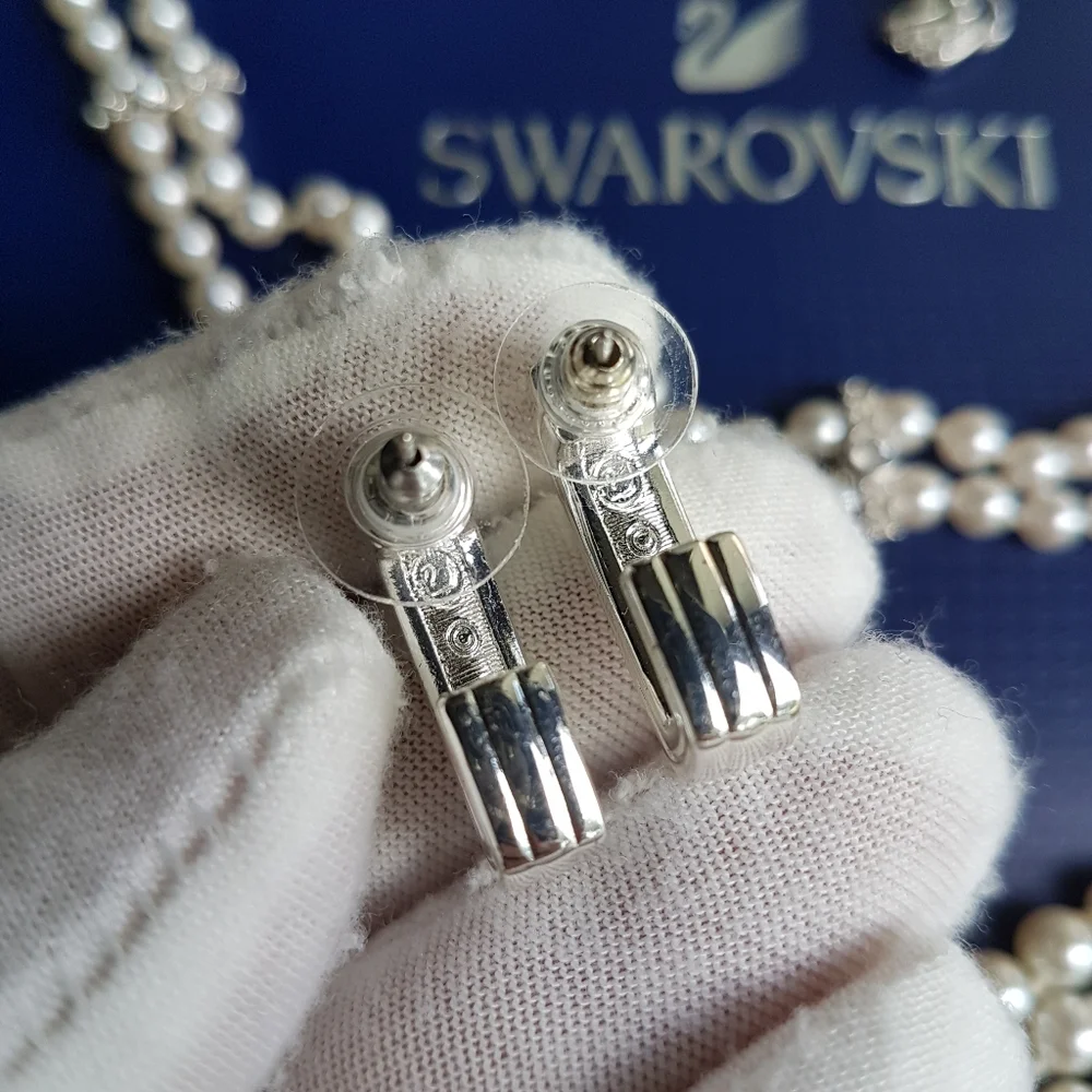 AUTHENTIC Swarovski Crystal Pearl Choker Necklace Tennis Bracelet Earrings SET - Picture 13 of 16